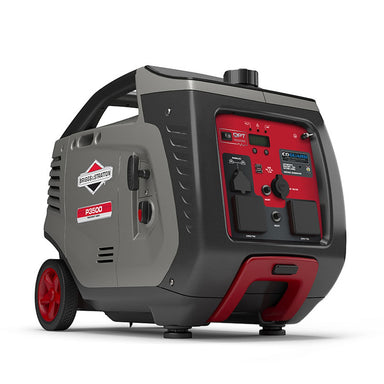A photo of a briggs and stratton p3500 portable inverter generator sitting on a slight angle with a white background.