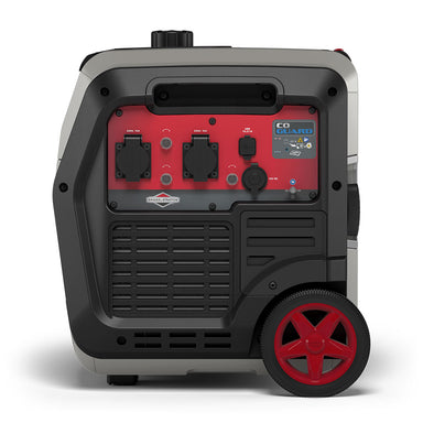 A photo of the side of a Briggs & Stratton P4500 Portable Inverter Generator showing the power input plugs on a white background.