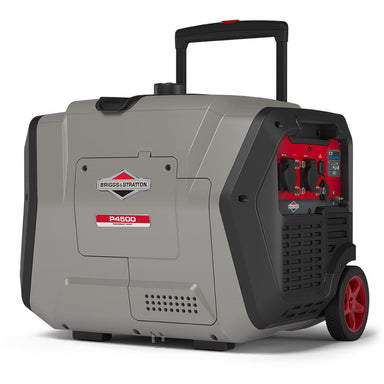 A photo of a Briggs & Stratton P4500 Portable Inverter Generator on a slight angle with a white background.