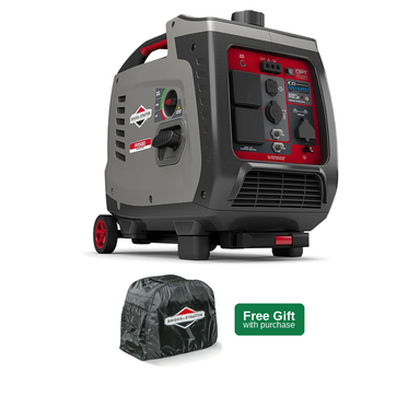 A Briggs & Stratton 3000 portable generator in gray and red, shown with a black cover bag and a green 'Free Gift with purchase' badge on a white background.