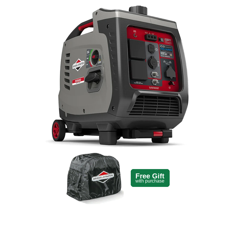 A Briggs & Stratton 3000 portable generator in gray and red, shown with a black cover bag and a green 'Free Gift with purchase' badge on a white background.