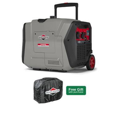 A Briggs & Stratton P4500 portable generator in gray and black with red accents, shown alongside a black carrying bag and a green 'Free Gift with purchase' badge on a white background.