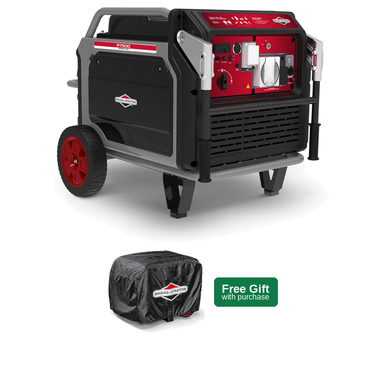 A Briggs & Stratton portable generator shown on a white background, with a black protective cover and a green 'Free Gift with purchase' badge below it.