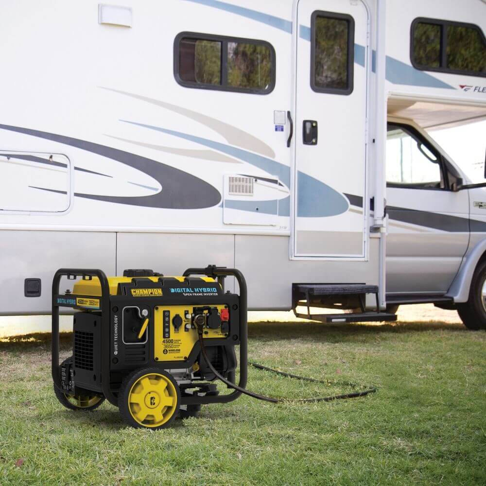 Champion 4.5 kW Open Frame Generator behind the Van on an outdoor set up