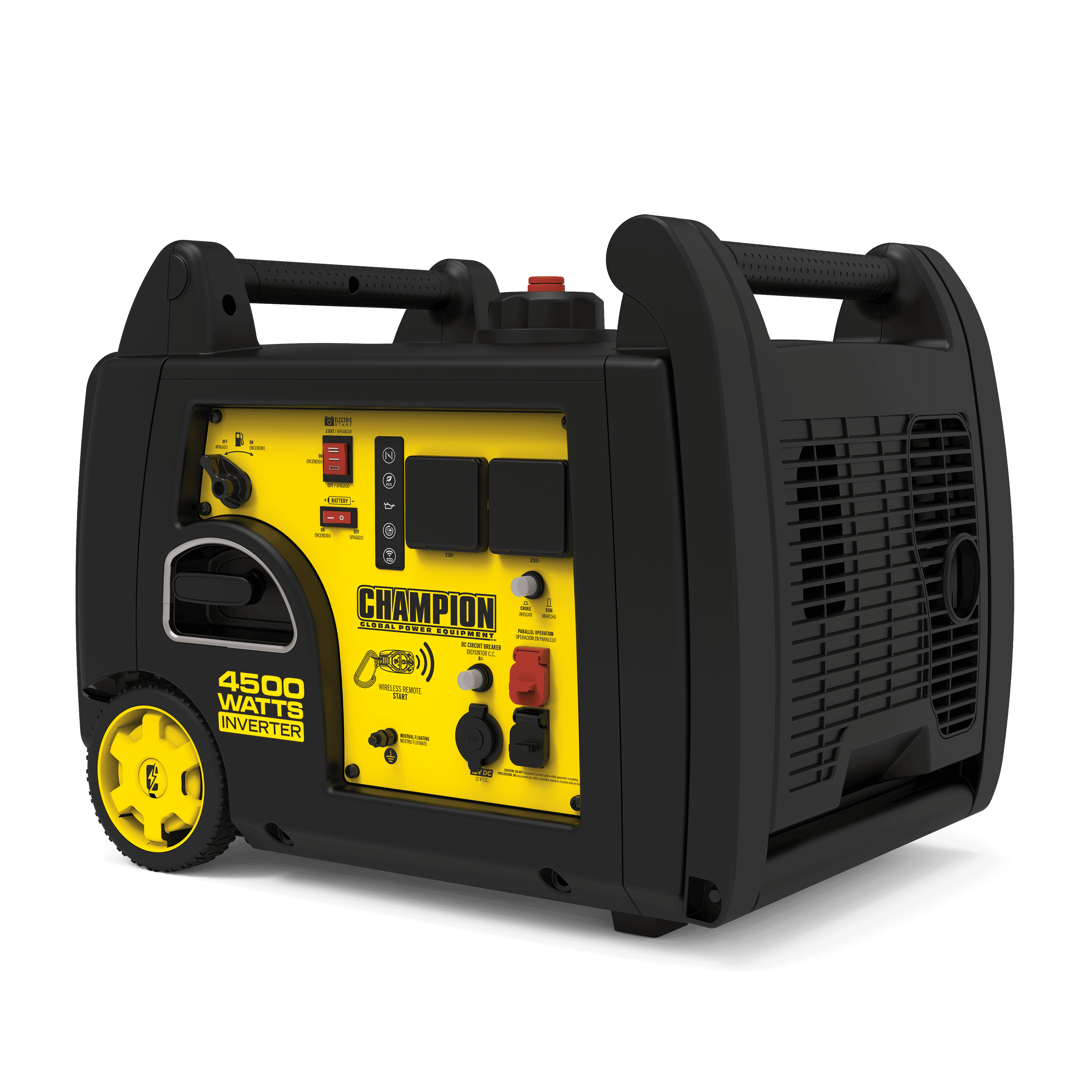Champion 4500W Generator Slightly Angled to the Left on a transparent background