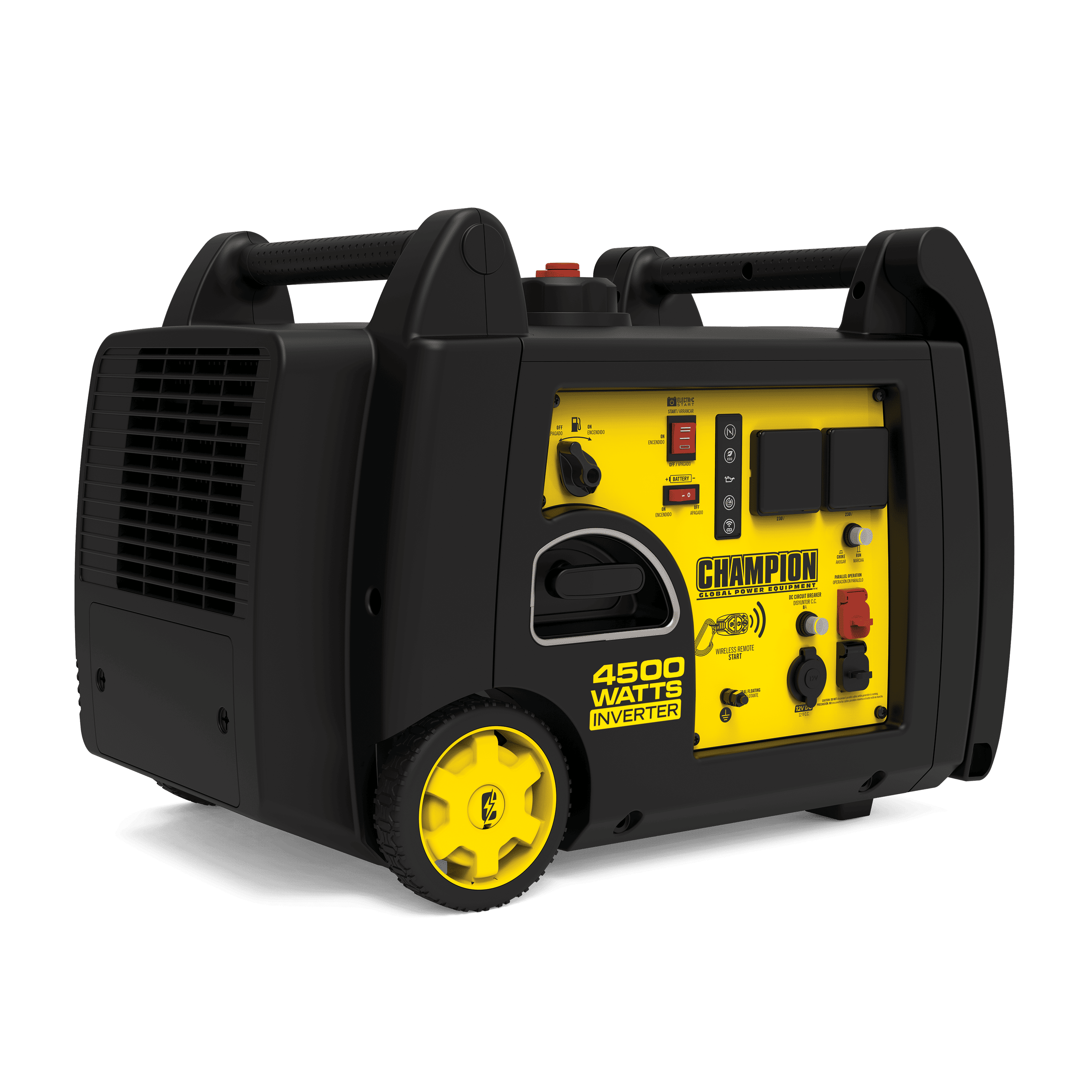 Champion 4500W Portable Inverter Generator Slightly Angled to the Right on a transparent background
