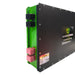 in the photo a black with green color Custom Lithium 1120Ah Battery side terminals in white background