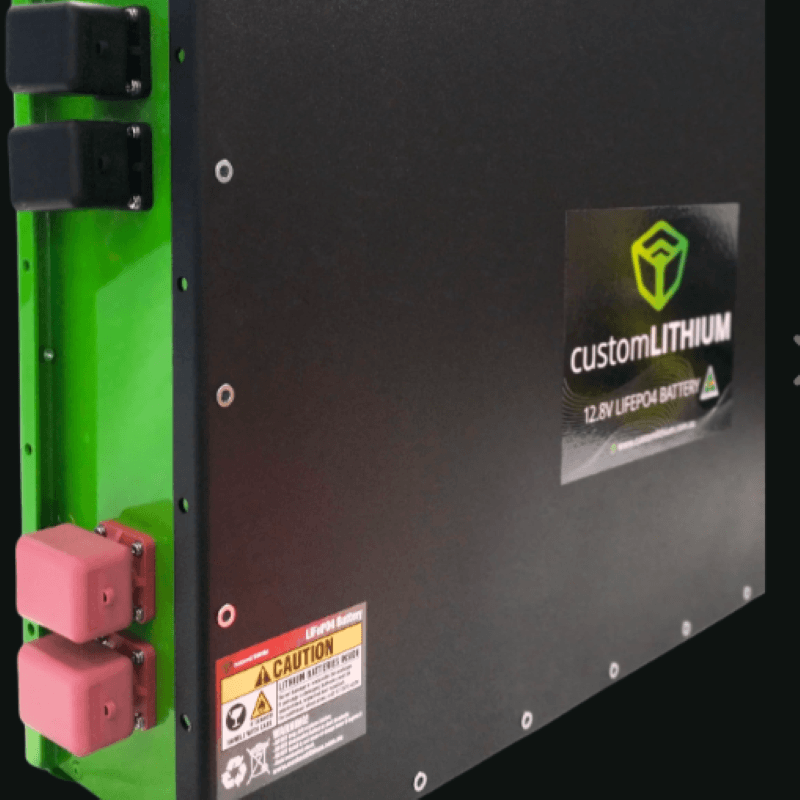 Custom Lithium 1250Ah NextGen Ultra Slim Lithium Battery Angled to the Left on a black background