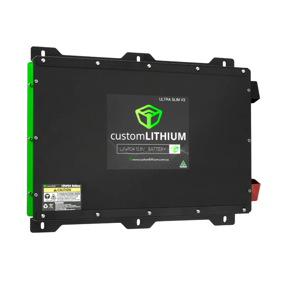A photo showing the dimensions of a Custom Lithium 200ah Next Gen Ultra Slim Battery
