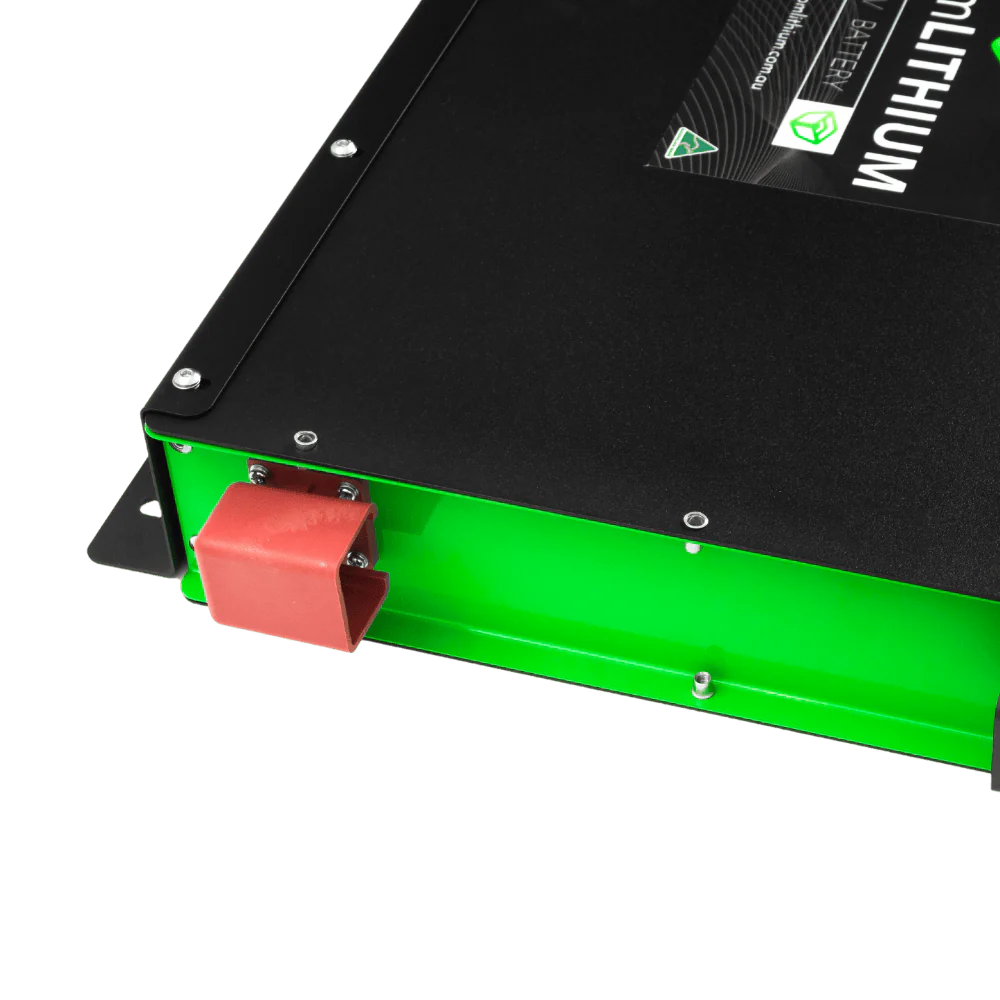 A photo showing the red terminal of a Custom Lithium 200ah Next Gen Ultra Slim Battery
