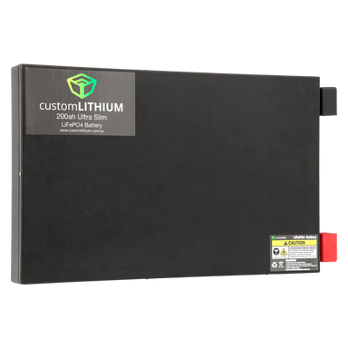 A photo of a custom lithium 200ah ultra slim lithium battery front on.