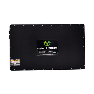 in the image a black Custom Lithium 24V 620Ah Ultra Slim Lithium Battery Front in a white background