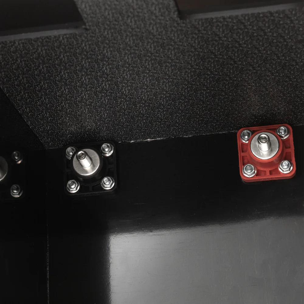A photo showing the uncapped terminals of a custom lithium 310ah compact lithium battery.