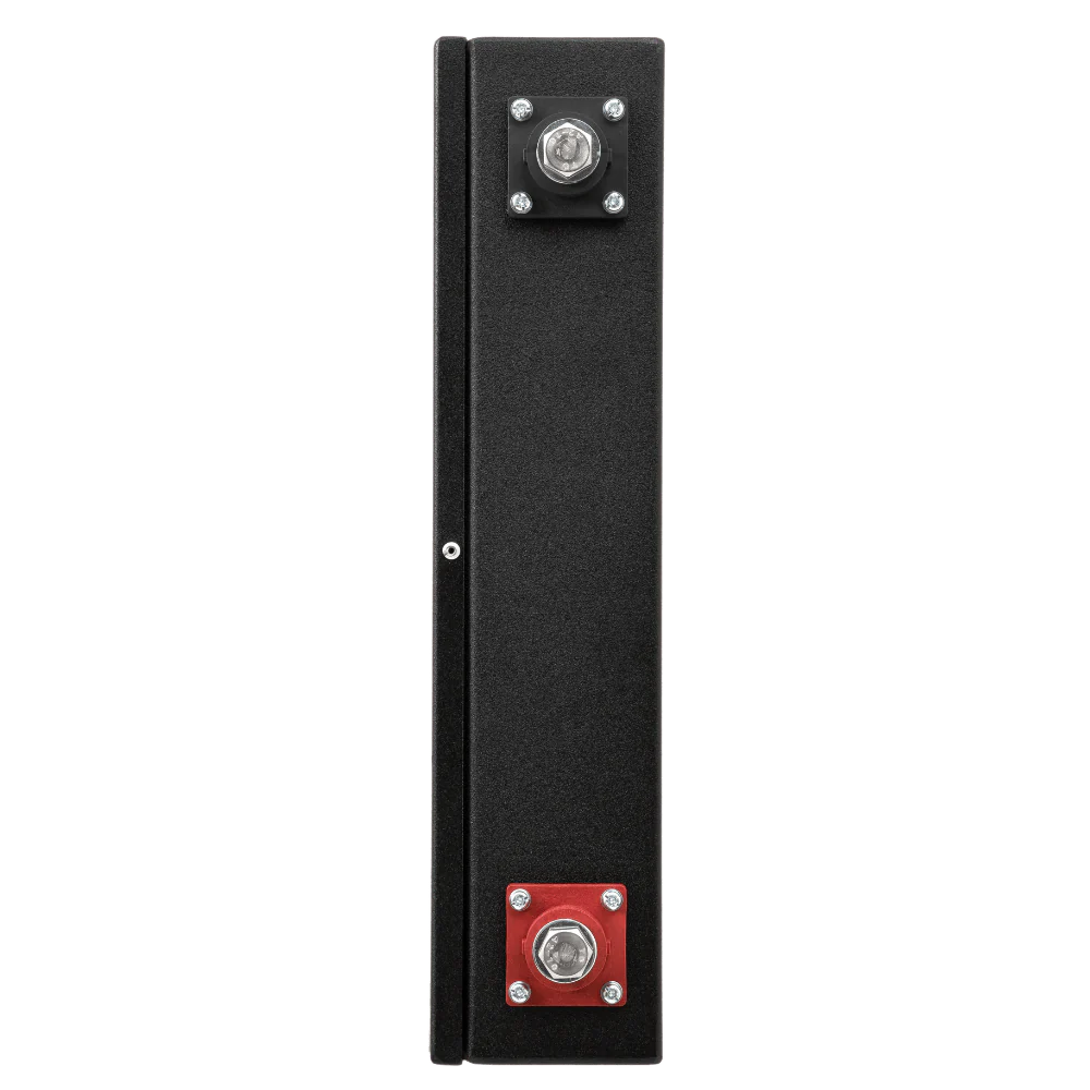 A photo showing the side red and black terminals of a custom lithium 310ah ultra slim lithium battery.