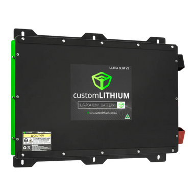 A photo of a custom lithium 400ah next generation ultra slim lithium battery front on.