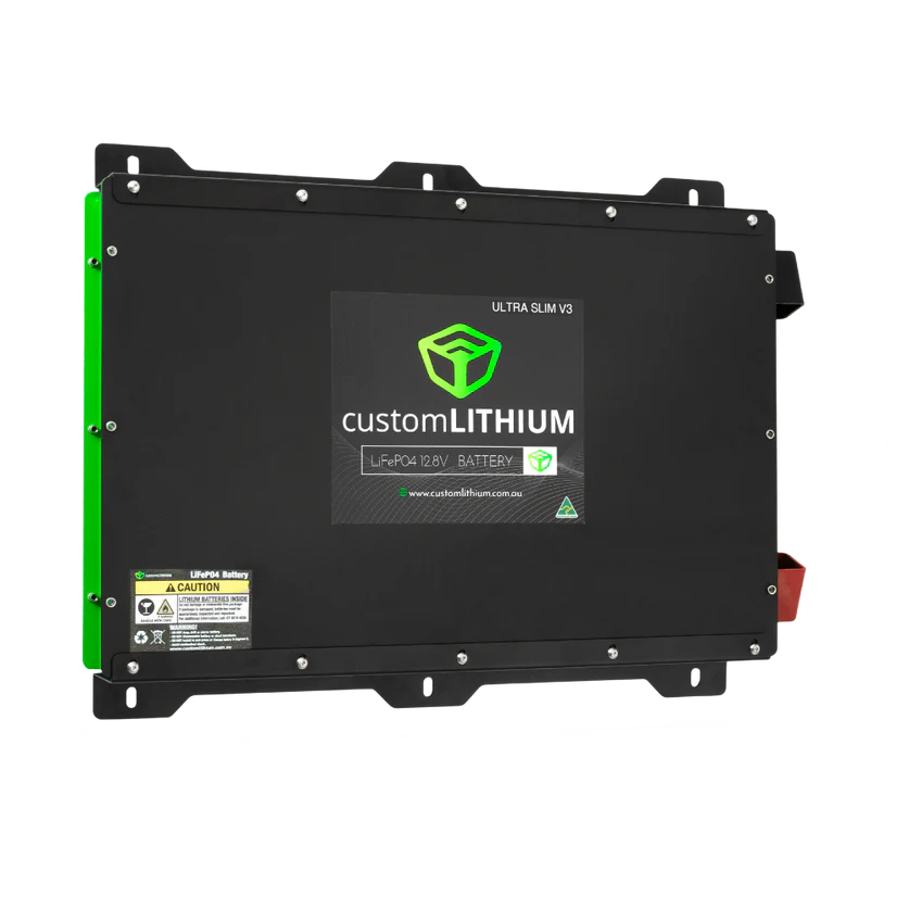 A photo showing the dimensions of a custom lithium 400ah next generation ultra slim lithium battery.