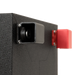 A photo of a black custom lithium 560ah 12v lithium battery on an angle showing both the terminal connections of the battery.