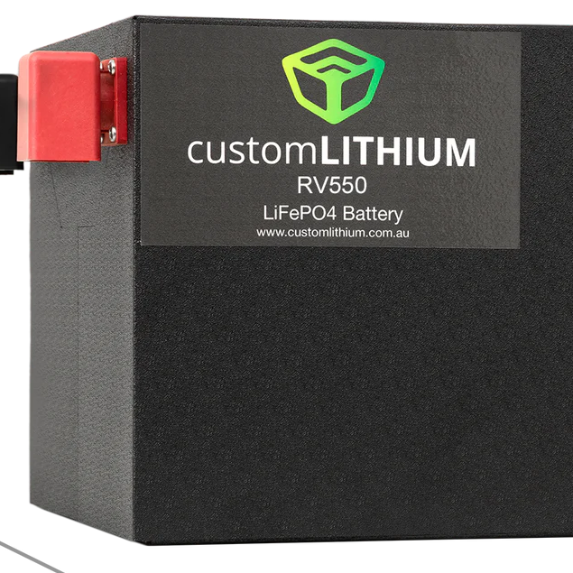 A close up photo of a black custom lithium 560ah 12v lithium battery.