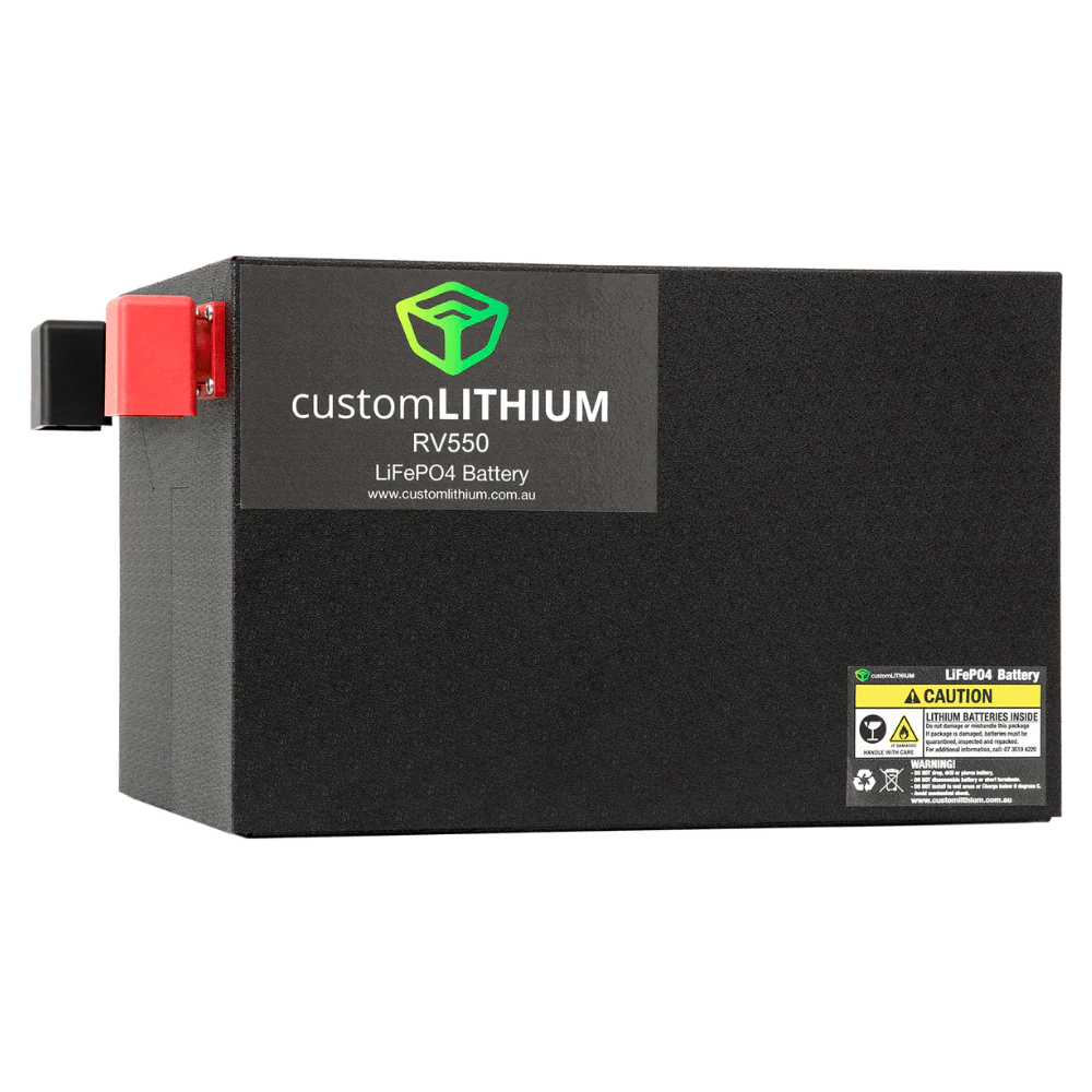 A photo of a black custom lithium 560ah 12v lithium battery on a slight angle.