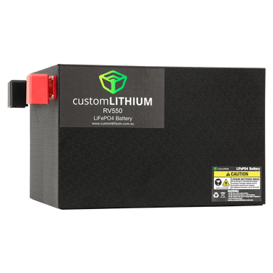 A photo of a black custom lithium 560ah 12v lithium battery on a slight angle.