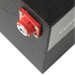 A photo of a black custom lithium 560ah 12v lithium battery showing the red terminal connection.
