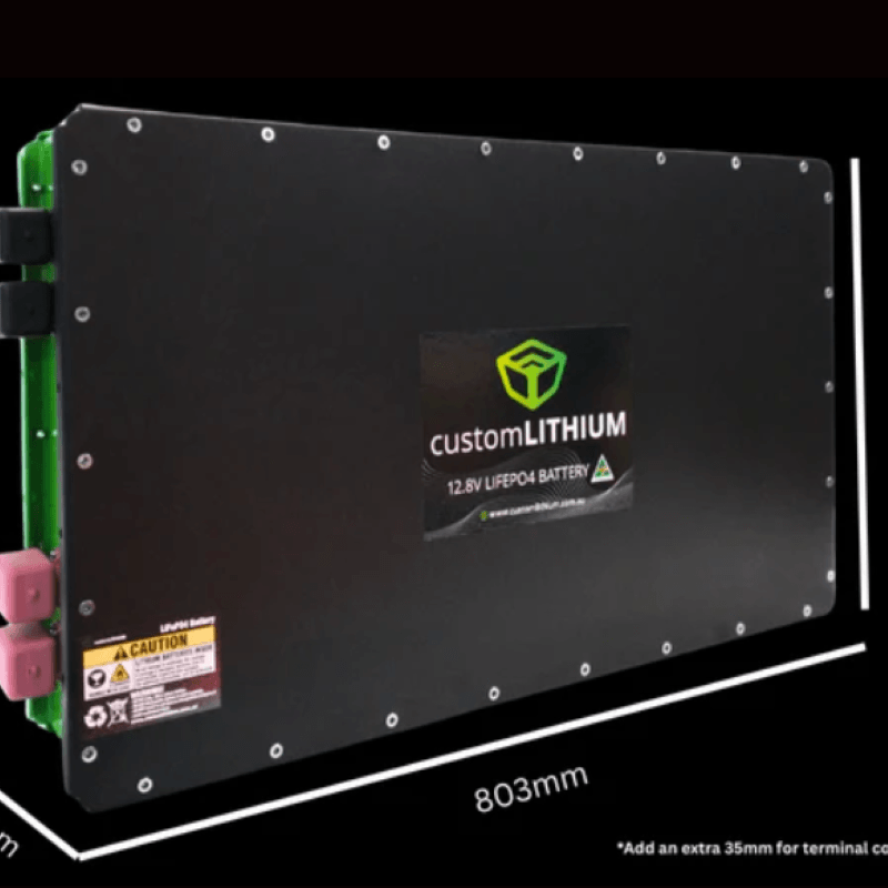 Custom Lithium 920Ah NextGen Ultra Slim Lithium Battery Angled to the Left on a black background