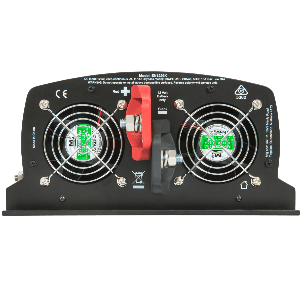 E-Power 12V 2600W Inverter with Safety Switch Bottom Side Photo on a transparent background