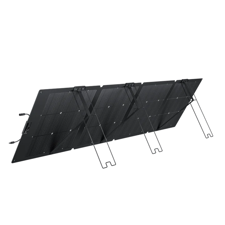 A photo of the back of an EcoFlow 220w NextGen Bifacial Solar Panel standing upright on a slight angle with a white background.