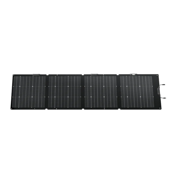 A photo of an EcoFlow 220w NextGen Bifacial Solar Panel standing upright face on with a white background.