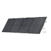 A photo of an EcoFlow 220w NextGen Bifacial Solar Panel standing upright on a slight angle with a white background.