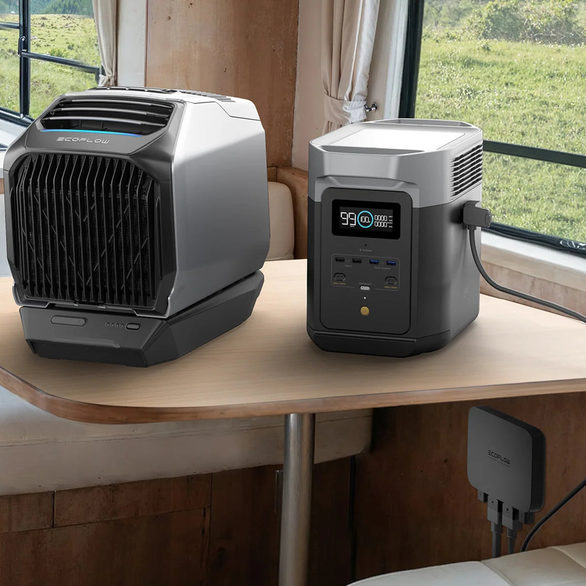 A picture of an EcoFlow 800W Alternator charger with an ecoflow power station and aircon.