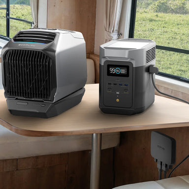 A picture of an EcoFlow 800W Alternator charger with an ecoflow power station and aircon.