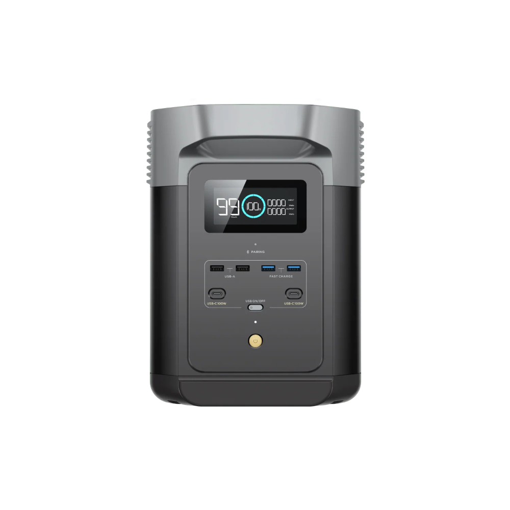 A photo of an EcoFlow Delta 2 Portable Power Station facing front on with a white background.