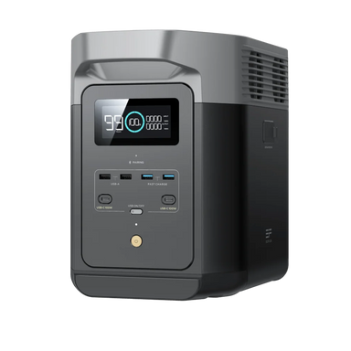 A photo of an EcoFlow Delta 2 Portable Power Station on a slight angle with a white background.