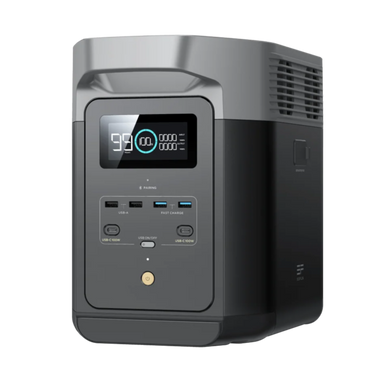 A photo of an EcoFlow Delta 2 Max Portable Power Station on a slight angle with a white background.