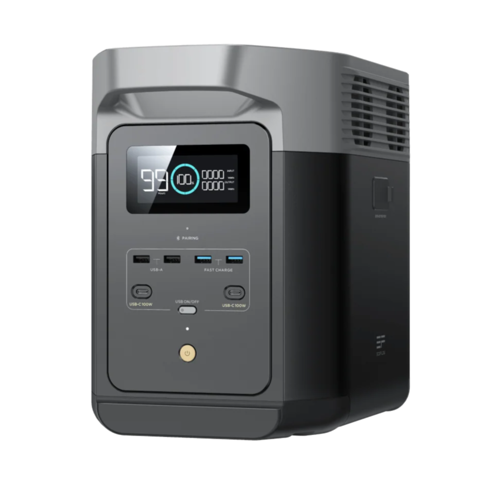 A photo of an EcoFlow Delta 2 Max Portable Power Station on a slight angle with a white background.