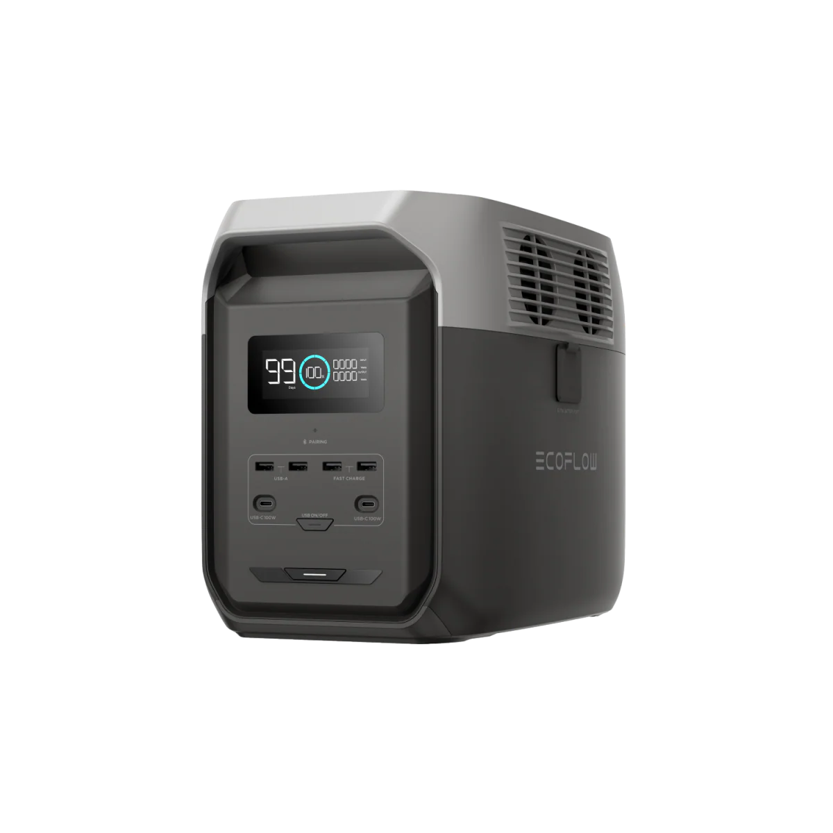 A photo of an EcoFlow Delta 3 1500w Portable power station on a slight angle with a white background.