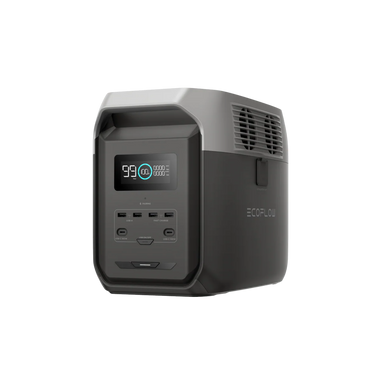 A photo of an EcoFlow Delta 3 1500w Portable power station on a slight angle with a white background.