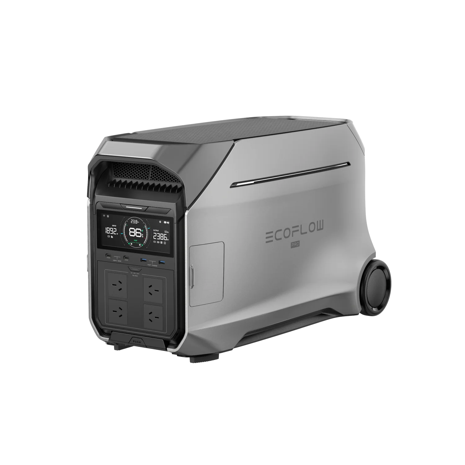 A photo of an EcoFlow Delta Pro 3 portable power station on a slight angle with a white background.
