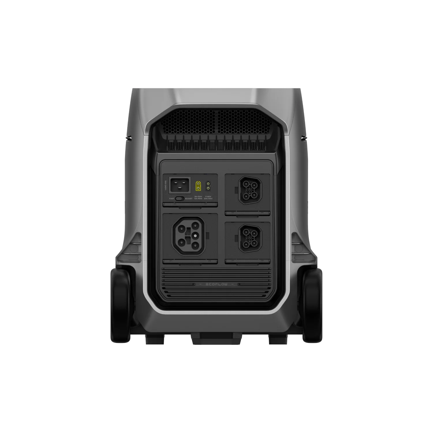 A photo of the back of an EcoFlow Delta Pro 3 portable power station with a white background.