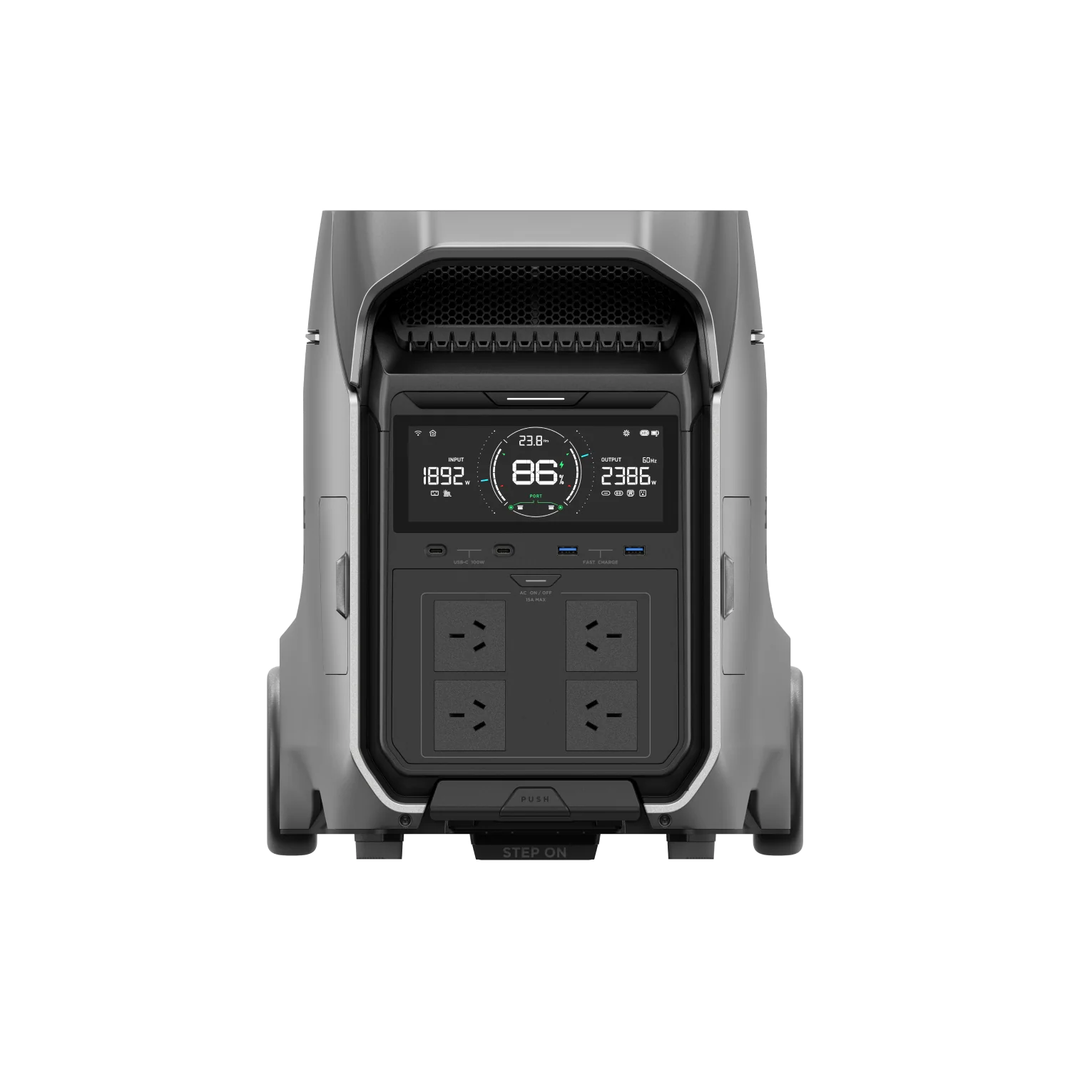 A photo of an EcoFlow Delta Pro 3 portable power station facing front on with a white background.