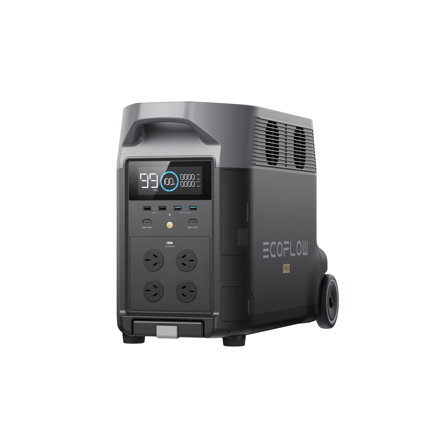 A photo of an EcoFlow Delta Pro portable power station on a slight angle with a white background.