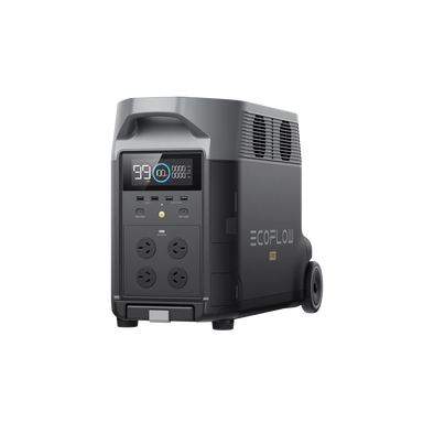 A photo of an EcoFlow Delta Pro portable power station on a slight angle with a white background.