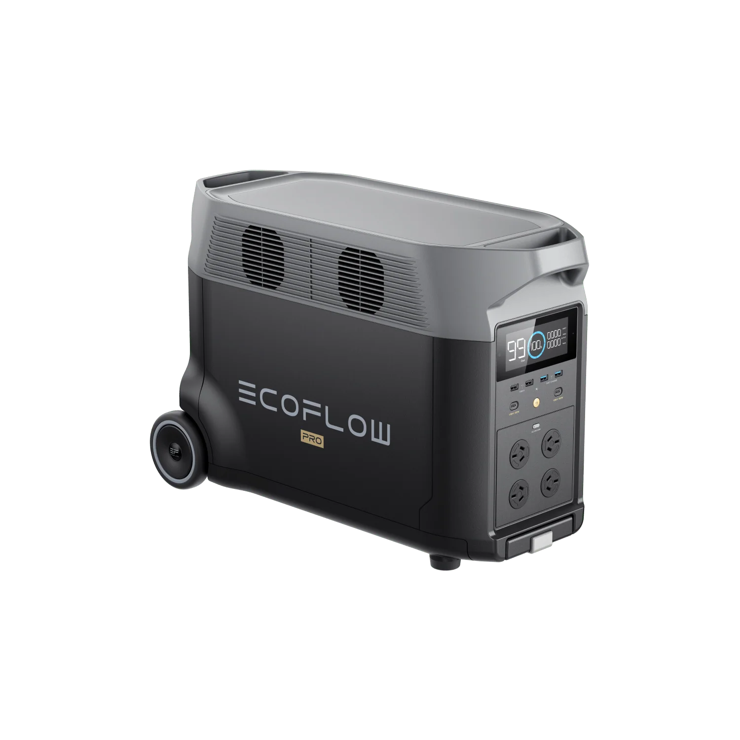 A photo of an EcoFlow Delta Pro portable power station on a large angle with a white background.