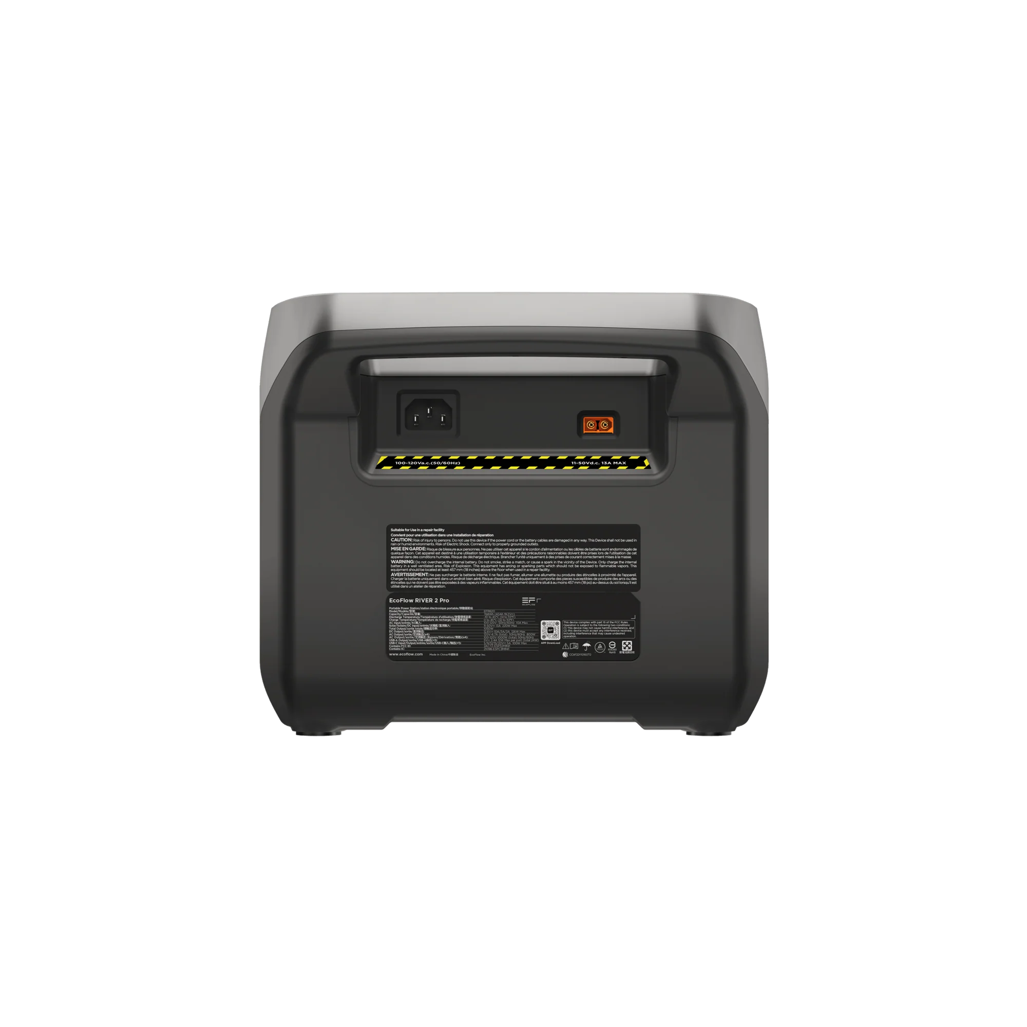 A photo of the back of an EcoFlow River 2 Pro Portable Power Station with a white background.