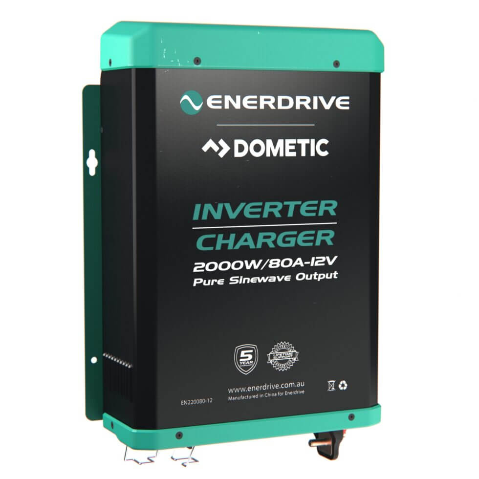 Enerdrive Dometic 12V 2000W Inverter and charger Enerdrive Dometic 80A 2000W Inverter and charger Slightly Angled to the Right on a white background
