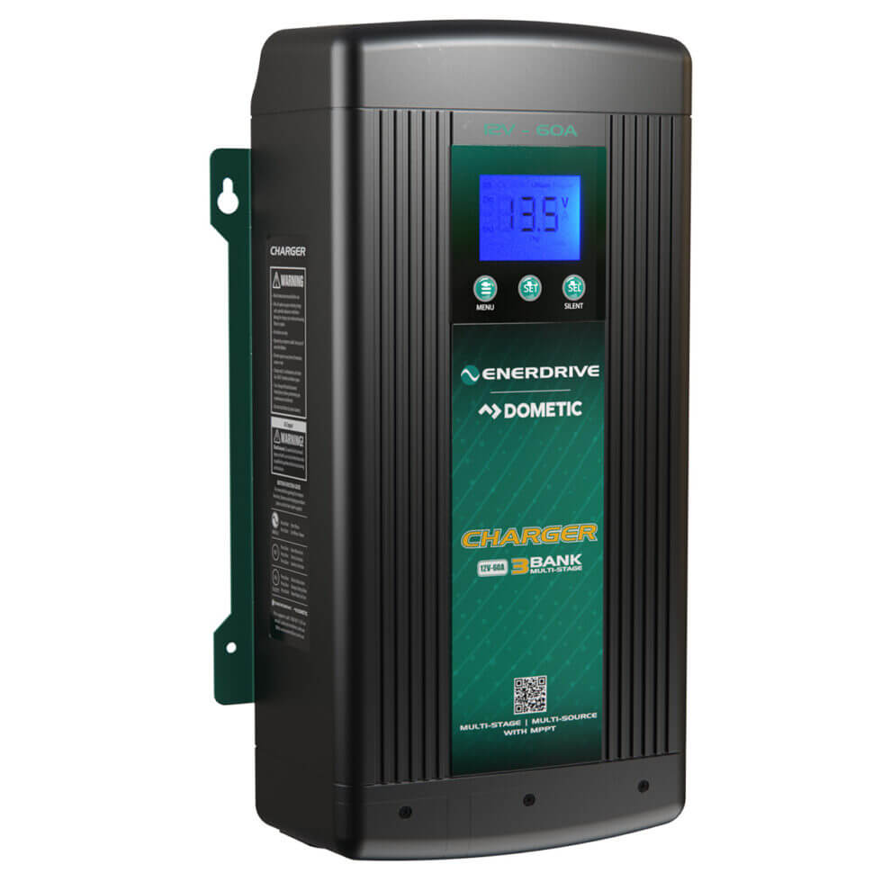 Enerdrive Dometic 12V 60A AC Charger Slightly Angled to the Right on a white background