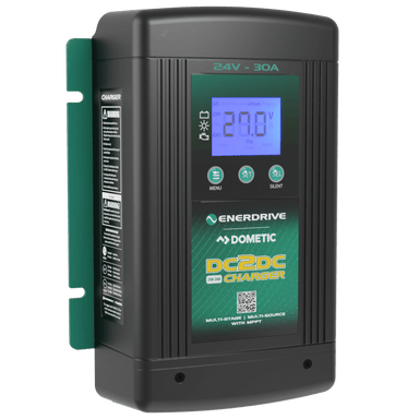 Enerdrive | Dometic 24V 30A DC-DC Battery Charger Slightly Angled to the Right on a transparent background