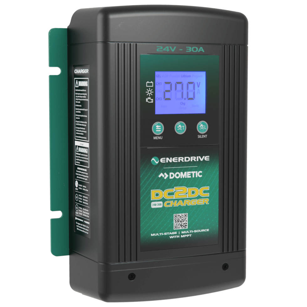Enerdrive | Dometic 24V 30A DC-DC Battery Charger Slightly Angled to the Right on a transparent background