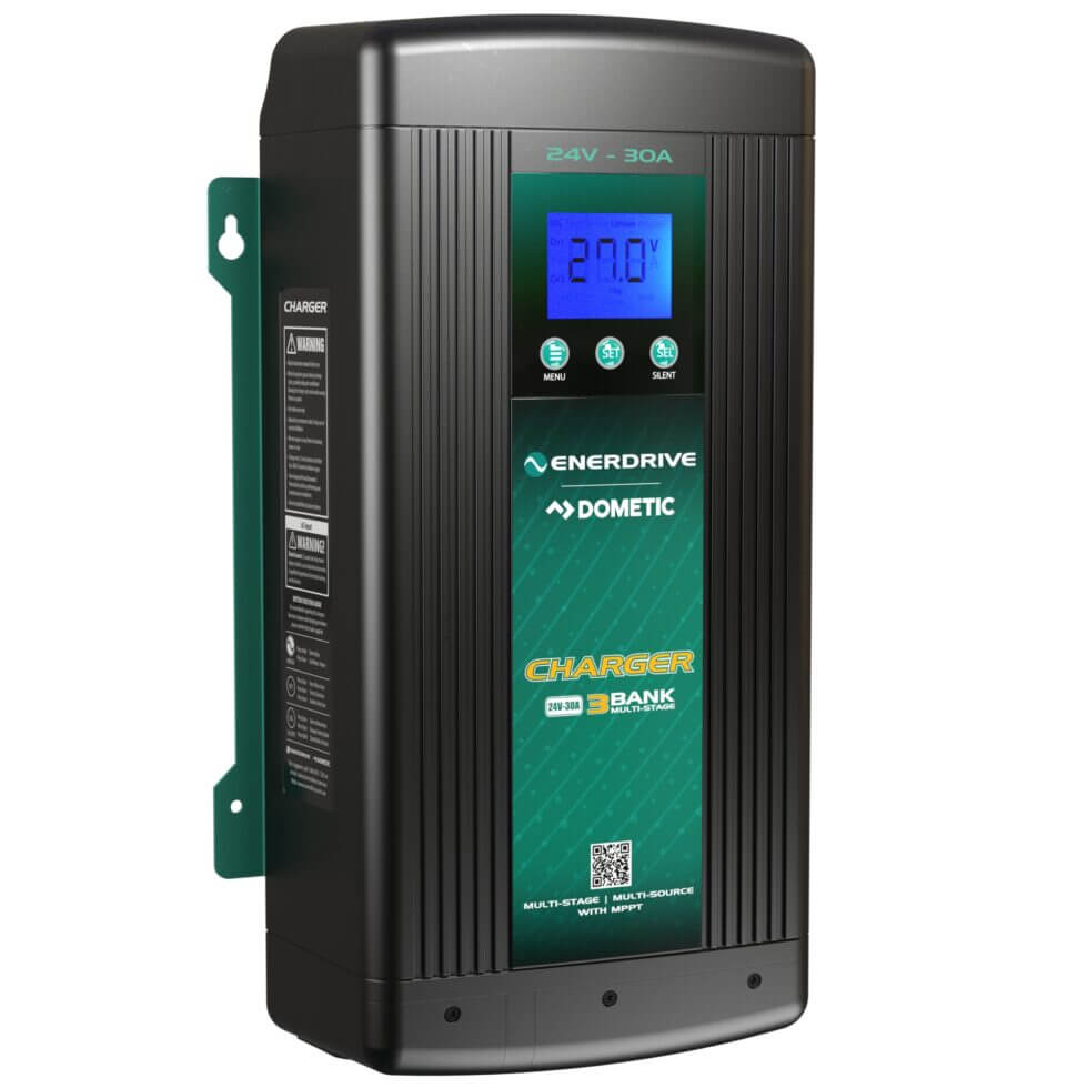 Enerdrive Dometic 24V AC Charger Slightly Angled to the Right on a white background